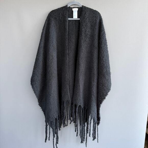 Free People Accessories - Free People Black sweater shawl poncho fringed - fuzzy - loose weave - one size